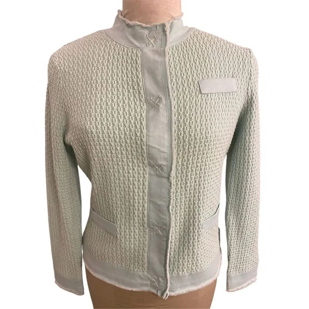 Talbots Sea Foam Green Cardigan 100% Cotton Sz. M Magnetic Snaps Spring Mother